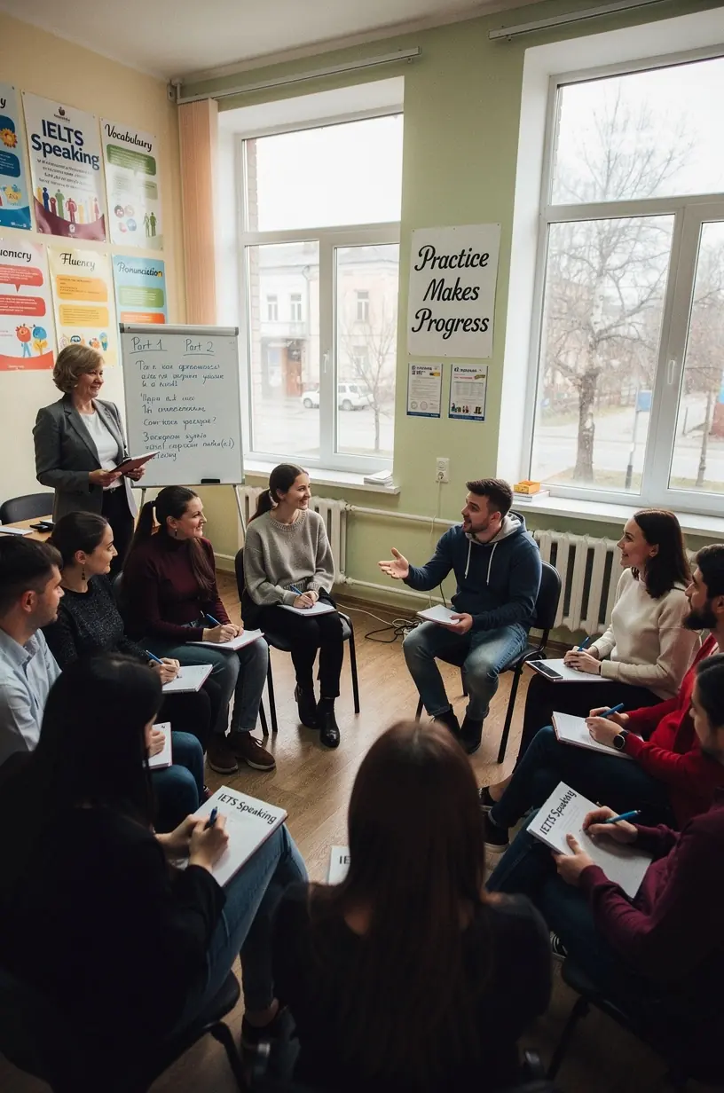 Instructor explaining IELTS speaking strategies to a group of attentive learners in a classroom